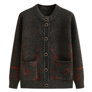 Flauschiger Jacquard-Strick Herbst- und Winter-Freizeitpullover mit Langen Ärmeln für Ältere Damen Tägliche Kleidung mit Taschen Warmer Pullover für Frauen - Product Image 2