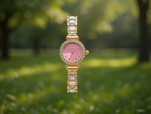 Orologio da donna con quadrante rosa, bracciale in cristallo placcato oro, elegante gioiello rotondo alla moda, regalo - Product Image 2