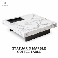 Table basse en marbre Statuario Luca Pure |   Plateau de table carré en pierre veinée blanc-gris avec plateau noir intégré, décoration moderne de luxe pour maison et villa