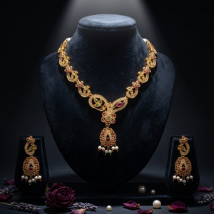 Indian Mores Brass Based Gold Plated Jadaau <b>Red</b> Moissanite Necklace Set <b>Women</b> Traditional Ethnic Wedding Engagement Party Gift - Product Image 1