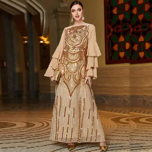 Trend High quality Sequins Golden Pattern Yarn mesh High quality Muslim pakistani clothing Long sleeved Full dress beads Dress