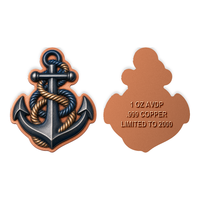 Médaille en cuivre pur .999 de 1 oz, découpée, avec relief 3D, imprimée UV colorée, pièce de défi ancre de bateau, cadeau nautique, objet de collection