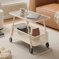 Table d'appoint mobile en verre sur roulettes avec rangement pour salon, chambre et mobilier de maison