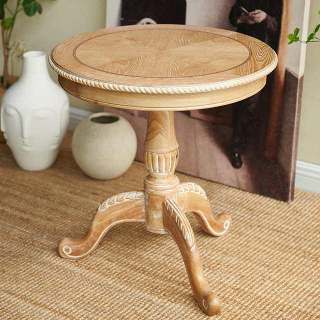 Hand Carved Curved Tripod Wooden Side Table Distressed Finish Round Parquet Top Accent End Table
