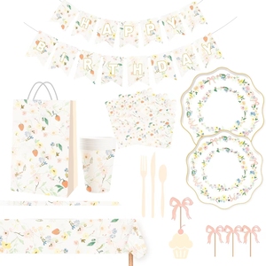 DAMAI - Juego de Platos y Servilletas de Papel para Fiestas Florales, Incluye Platos y Vasos de Papel Desechables con Lazo, Artículos para Fiestas de Cumpleaños - Product Image 4