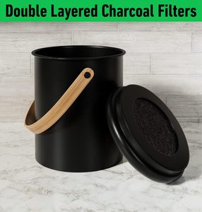 Kitchen Counter <strong>Compost</strong> Bin Black Standing Storage Bucket <strong>Wood</strong> Handles Double-Layered Charcoal Filters - Product Image 4