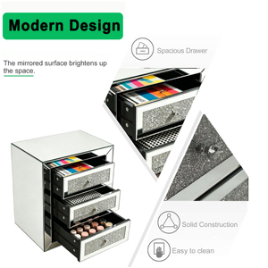 3-Drawer <b>Mirrored</b> Nightstand Bedside <b>Table</b> Glass Accent End <b>Table</b> Silver - Product Image 4