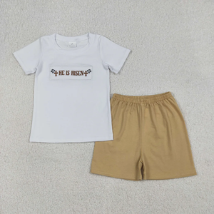 Vêtements de Pâques pour garçons et filles, tenue décontractée pour tout-petits avec broderie 'Il est ressuscité', ensemble deux pièces à manches courtes en coton - Product Image 2