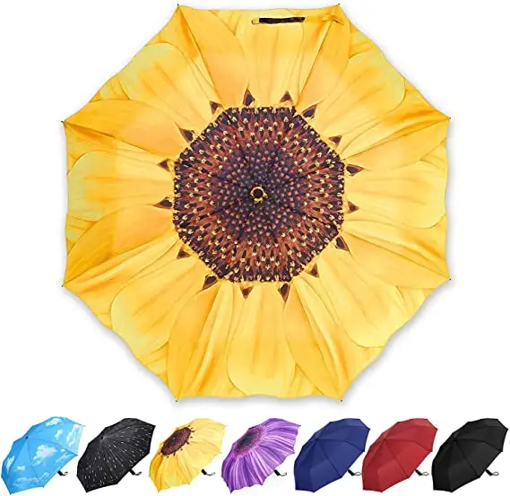 Sunflower pattern self-folding windbreak umbrella compact lightweight uv Compact Travel Umbrella