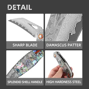 Outdoor Camping Folding Design High End Damascus Pocket Knife With Exquisite Shell Handle Damascus Pocket Knife