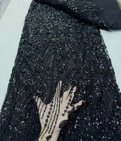Superbe Tissu en Dentelle de Tulle Français Orné de Perles et de Broderies, Idéal pour Robes de Soirée et Grands Événements