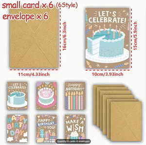 Cartes de vœux en kraft « Joyeux <span class=keywords><strong>Anniversaire</strong></span> » en gros – 6 designs mignons avec gâteau, bougie et dessins animés – Cartes de vœux pour enfants et adultes - Product Image 3