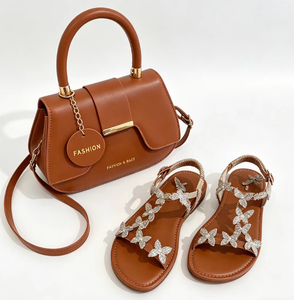 MD-186 Summer Hot Sale Sweet Ladies butterfly Rhinestone <strong>Sandals</strong> with <strong>Bow</strong> Ties Bags 2 Pieces Set Women's Flat <strong>Sandals</strong> Purse Set - Product Image 1