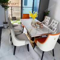 Ensemble Table à Manger de Luxe, Plateau en Marbre, Piètement en Acier Inoxydable Doré, Table à Manger Rectangulaire et Chaises