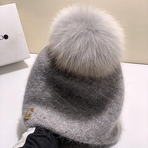 Femmes Angora cachemire doré Lurex paillettes mélange métal logo tricoté chapeau avec grande vraie <span class=keywords><strong>fourrure</strong></span> de renard boule <span class=keywords><strong>pompon</strong></span> - Product Image 5