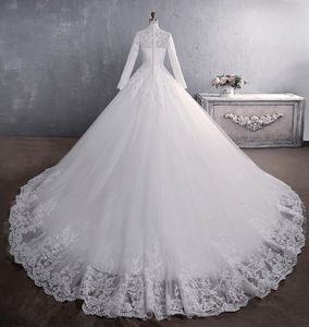 New Heavy-duty Long-<b>sleeved</b> Summer Lace Bride Stand-up Collar Chapel Train Royal Bohemian Floral Pattern White Wedding Dress - Product Image 3