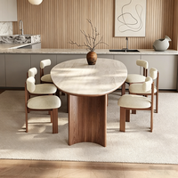 Table à manger ovale en pierre de style ancien Wabi-sabi, 4 chaises, structure en bois massif pour appartement, hôtel, villa