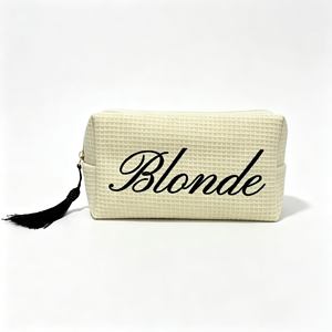 Pochette cosmétique en coton gaufré brodée personnalisée, sacs de toilette légers pour les voyages, sac à maquillage blanc avec pompon décoratif - Product Image 2