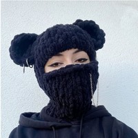 Masque facial avec grandes oreilles d'ours et d'lapin, couvre-tête, tricoté à la main en coton/élasthanne, épaissi, chaud, en peluche, bonnet d'hiver doux et cool