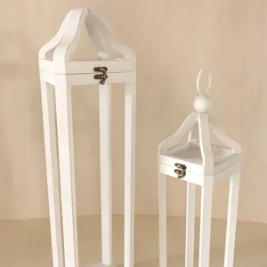 Linterna de vela de decoración interior y exterior con mango, lámpara de viento, farolillos de vela blanca de madera rústica
