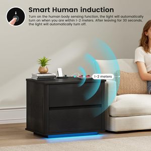 Table <span class=keywords><strong>de</strong></span> chevet avec 2 tiroirs et éclairage LED, armoire <span class=keywords><strong>de</strong></span> chevet moderne avec station <span class=keywords><strong>de</strong></span> charge, armoire <span class=keywords><strong>de</strong></span> chevet aux <span class=keywords><strong>coins</strong></span> arrondis - Product Image 2