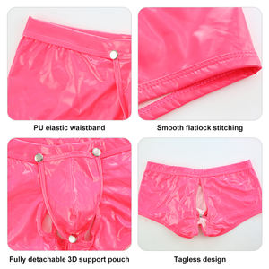 Custom logo <strong>New</strong> Arrivals Polyester Patent Leather Removable Bulge Pouch Shorts Open Butt Underwear <strong>Boxer</strong> for Men - Product Image 3
