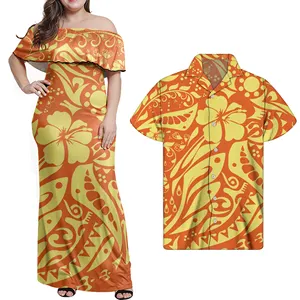 Sarı polinezya Tribal şerit Hibiscus çiçek baskı moda çift giysileri 2 adet Set bayan bir omuz fırfır elbise maç gömlek