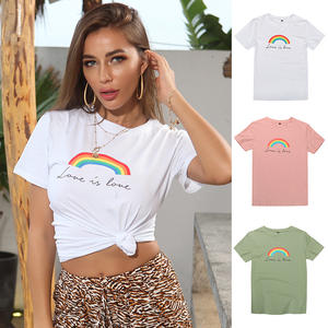 Custom Women's Neck T-<b>Shirt</b> Manufacturer Casual <b>Rainbow</b> Printed Cotton Polyester Short Length Sweet Woven Logo Decoration Washed - Product Image 6