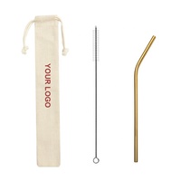 Lot de paille de logo personnalisé en acier inoxydable, ensemble de paille en métal doré avec brosse de pochette, économique, 7 pièces