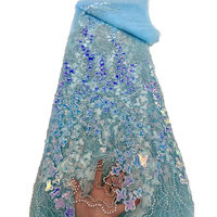 Tissu africain en maille bleu ciel avec paillettes, perles et broderies, 100% polyester élastique, commande de 5 yards