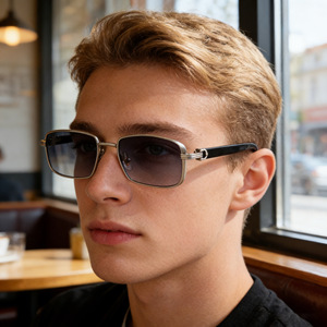 Lunettes de soleil carrées de style européen pour hommes, monture en métal, Protection UV400, pare-soleil de classe 2, couleur noire avec étui, nouvelle collection - Product Image 5