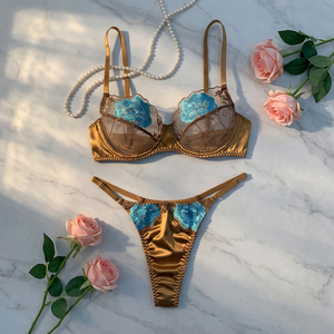 Wholesale Satin <b>Rose</b> Embroidery Sexy Lingerie Set Breathable <b>Light</b> Sheer Mesh Underwire Bra and Thong Set 2 Piece Lace Intimates - Product Image 4