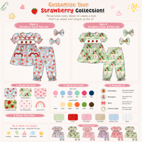 Puresun Prix de gros Ensemble haut et pantalon 100% coton brodé smocké imprimé fraises, col Peter Pan, pour filles de 2 à 8 ans