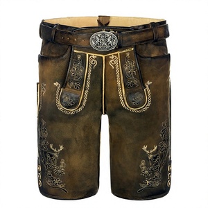 Shorts en cuir traditionnels bavarois pour hommes, style Lederhosen, costume d'Oktoberfest, marron, avec ceinture brodée, boucle, chaîne et poche, vente en gros, OEM - Product Image 1