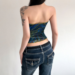 Vacation Style Knitted Eco-Friendly Floral Print Ruched <b>Front</b> Tube <b>Top</b> Women Summer Hot Sale Sleeveless <b>Cutout</b> Mesh Breathable - Product Image 5