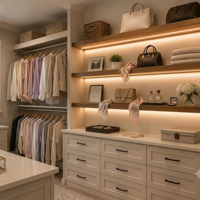 Étagères sur mesure pour dressing avec éclairage LED, étagères flottantes en bois massif pour l'organisation des dressing modernes