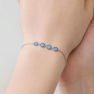 Dylam Supernatural Belief Fine Jewelry <b>Solid</b> Sterling Silver Link Chain Four Blue 5A Cubic Zirconia Evil Eyes Roundel Bracelet - Product Image 6