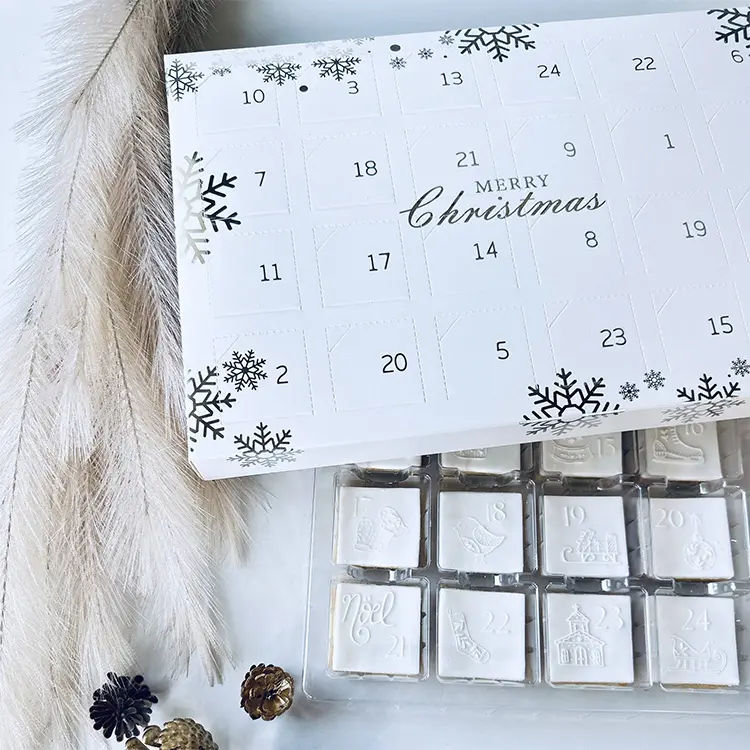 Caja de calendario de Adviento de Navidad vacía personalizada de gran oferta para bomba de baño vela cera derrite cristales cara Crema para Ojos embalaje