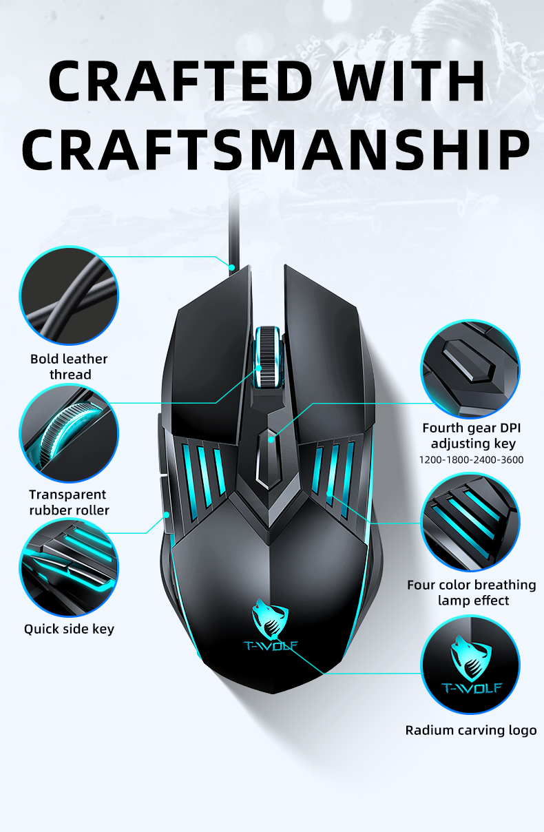 New gadget TWOLF G560 Wired Mouse 6 keys adjustable dpi four-color breathing lamp for mouse gamer
