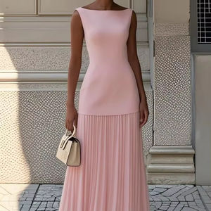 Kolsuz tekne boyun pileli Maxi elbise kadın zarif günlük rahat ve resmi akşam parti uzun elbise - Product Image 2