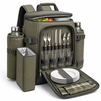 Sac à dos isotherme pour pique-nique en toile vert armée avec couverture et deux porte-bouteilles pour le camping, les activités de plein air et la famille