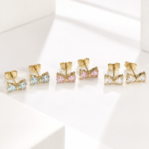 Pendientes de Acero Inoxidable con Baño de Oro de 14K y Circonita en Forma de Lazo, Diseño de Piedra Pequeña en Forma de Pera, Color Azul, Rosa y Transparente - Product Image 1