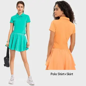 2023 Nieuwe 2 Stuks Badmintonkleding Gevouwen Hals Polo-T-Shirt Met Knoopjes Met 2 Lagen Hardloopshorts Rok Dames Tenniskleding