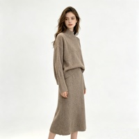 Ensemble de tricot doux effet cachemire personnalisé pour femme, pull à col haut + jupe longue, 2 pièces, vente en gros