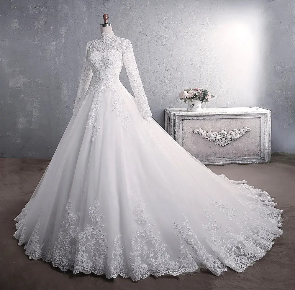 Wedding Dresses 2024 Muslim Elegant High Neck With Train Princess Bride Dress Lace Embroidery Wedding Gown Vestido De Noiva