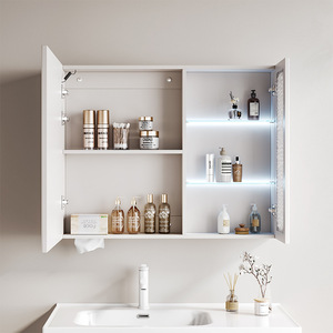 Meuble-lavabo de salle de bain moderne en bois massif style crème français avec vasque en céramique intégrée, miroir intelligent en cuivre, fixation murale, écologique - Product Image 5