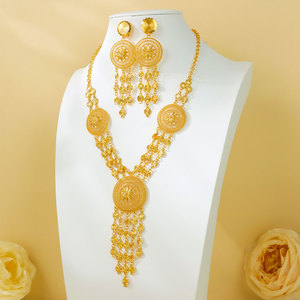Parures de bijoux en or véritable 24 carats pour femmes éthiopiennes et de Dubaï, faible MOQ, en alliage, style Habesha, pour mariages, collier long et boucles d'oreilles - Product Image 1