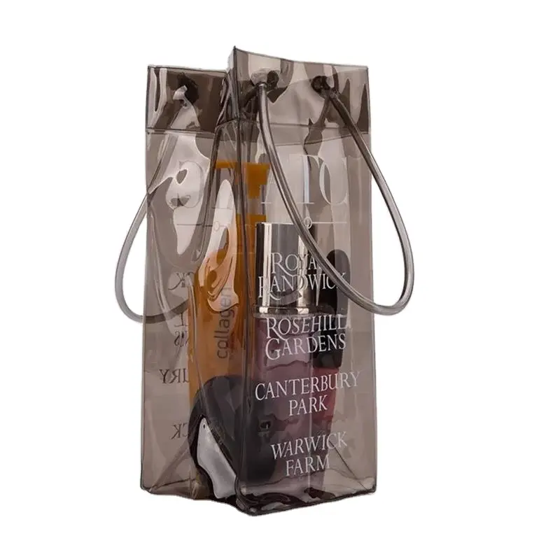 Bolsa de hielo de PVC para enfriar botellas de vino, bolsa de refrigeración transparente personalizada