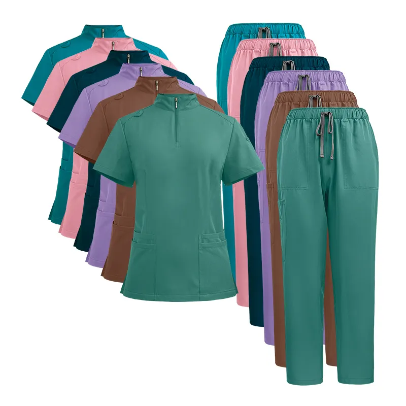 2024 NIAAHINN nueva llegada elegante marrón moda brillante primavera Color médico Scrub Top + Pantalones rectos uniforme de Hospital