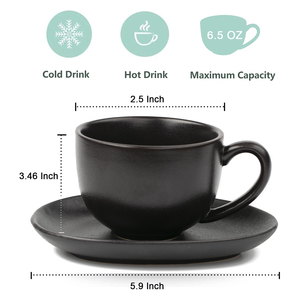 แก้วกาแฟเซรามิกสีดำขนาด 6.5 ออนซ์ พร้อมจานรอง สำหรับกาแฟคาปูชิโน่, อูเล่, ดับเบิ้ลช็อต, ลาเต้, คาเฟ่โมคค่า, ชา - Product Image 5